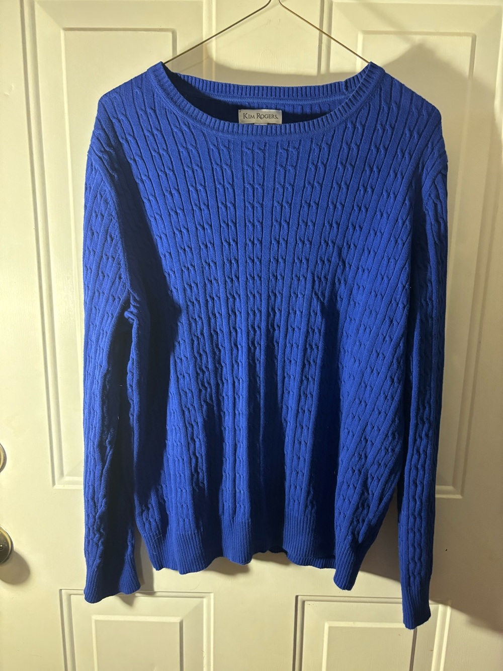 Kim Rogers Size Large Royal Blue Cable Knit Crewneck Sweater Classic Preppy